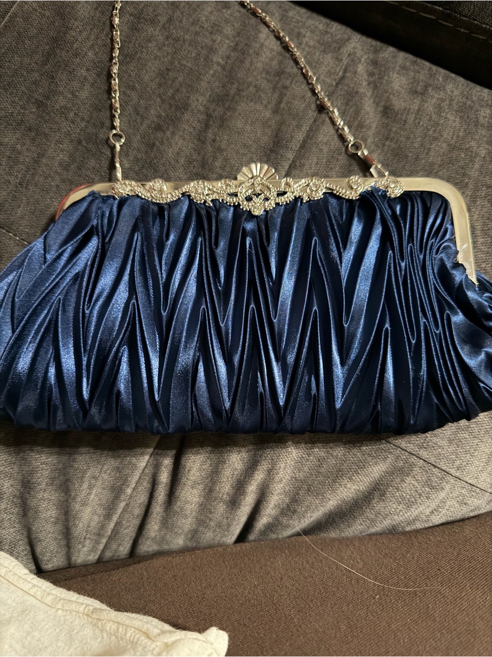 Elegant Navy Satin Ruched Evening Clutch with Silver Hardware